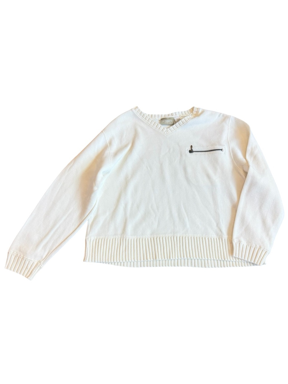 Liz Claiborne Ivory Cotton V Neck Sweater Zip Pocket Ribbed Sleeve Large Women's